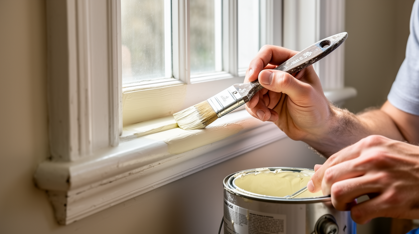 Hands cutting in around a sash window with a brush
